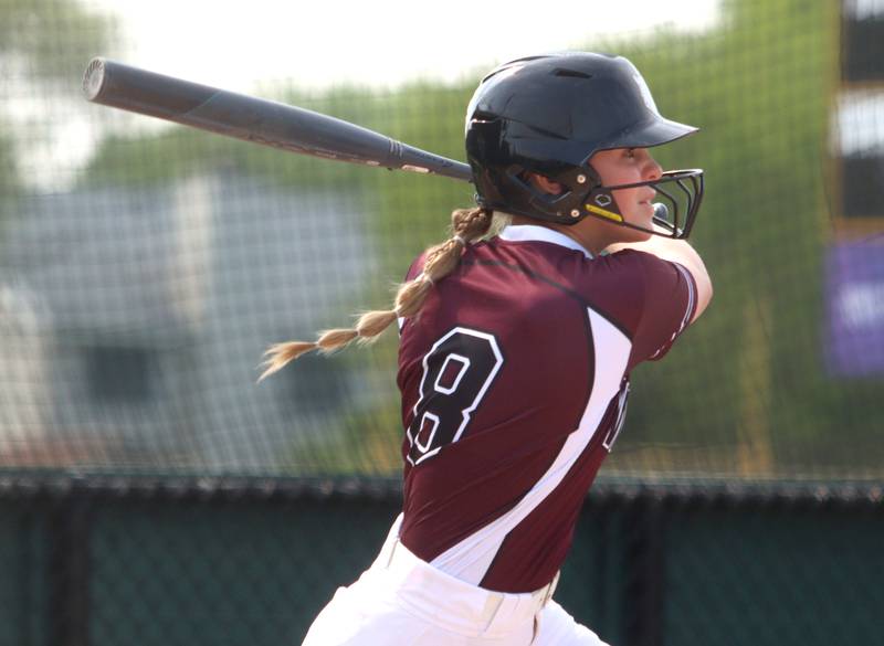 Prairie Ridge’s Adysen Kiddy makes contact against Crystal Lake Central in Class 3A Regional softball action at Crystal Lake South Wednesday.