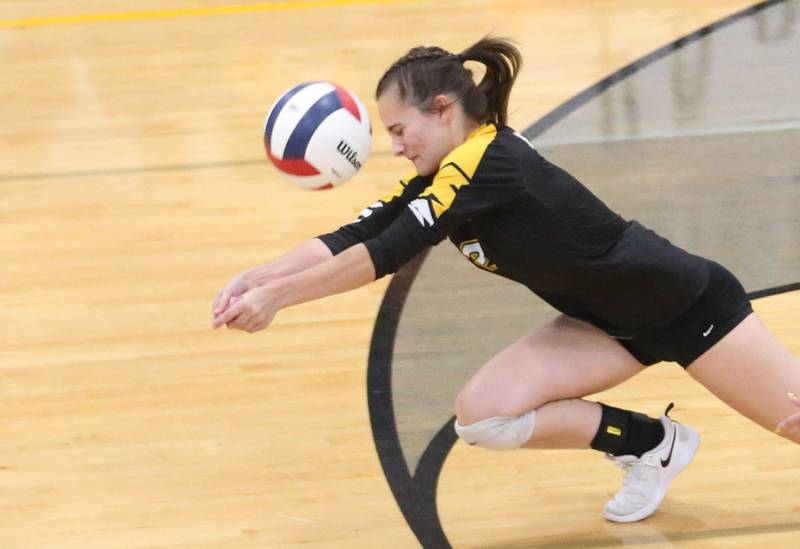 Putnam County's Ella Pyszka misjudges a return during the Class 1A Regional semifinal game on Wednesday, Oct. 29, 2025 at Putnam County High School.