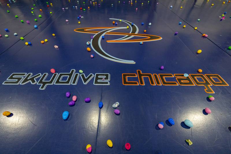 Although the weather did not permit the Easter Bunny to be able to skydive, the kids egg hunt still went on indoors where thousands of eggs were scattered around the hanger at Skydive Chicago on April 7, 2024.
