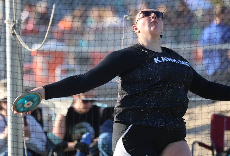 Kaneland’s Kyla Schulz competes in the discus finals Friday, May 15, 2026, during the Class 2A girls track sectional at Genoa-Kingston High School.