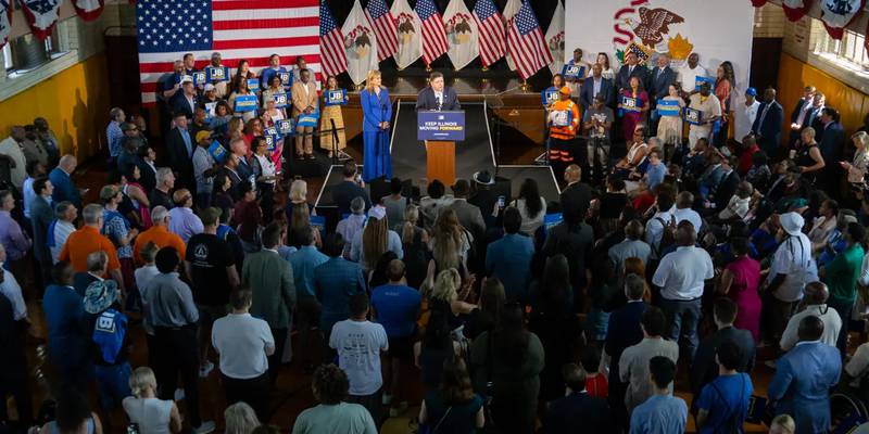 Gov. JB Pritzker announces he will run for a third term as Illinois governor at a June 26 rally.
