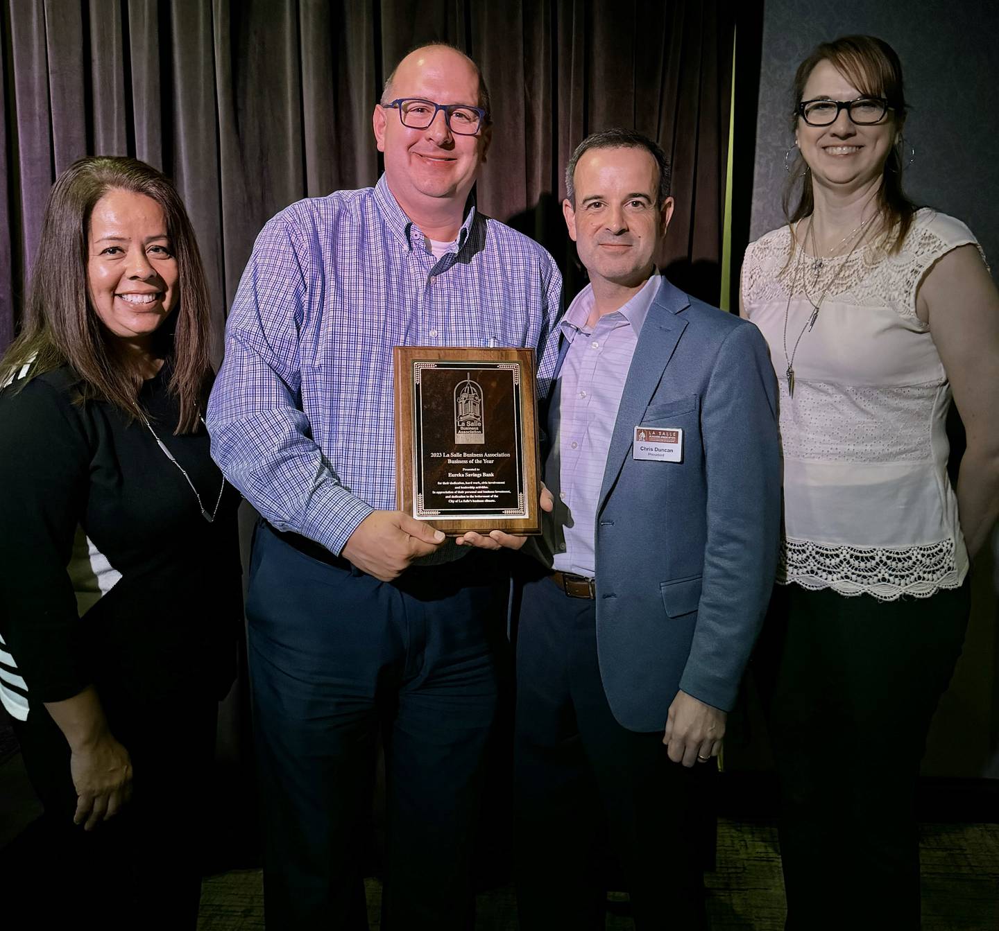 (From left) Anna Arteaga, Eureka Savings Bank mortgage Lender; John McCormick, ESB president; Chris Duncan, La Salle Business Association president; and Heidi Ceballos, ESB branch manager are photographed after Eureka Savings Bank was named the 2023 Business of the Year at the LBA's annual awards banquet Thursday, May 23, 2024.