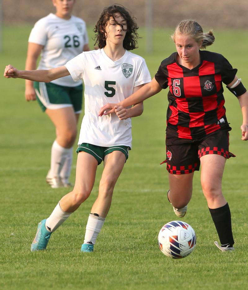 Indian Creek's Jolee Larson (right) and Alleman's Gretchen Ellis fight for possession during their Class 1A sectional final game Friday, May 19, 2023, at Hinckley-Big Rock High School.