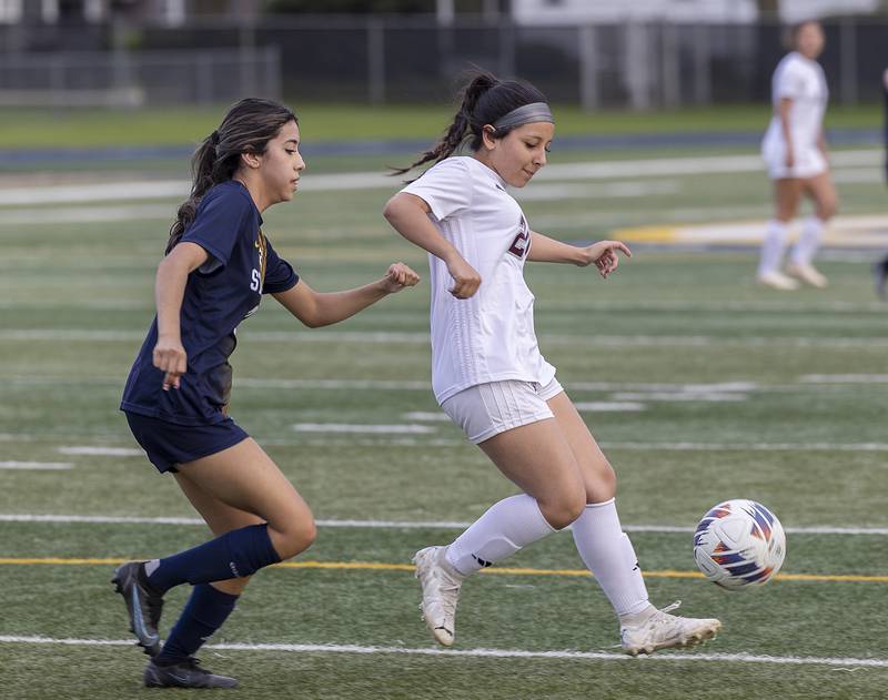 Sterling’s Mariela Gallardo chases Moline’s Aaliyah Payan Tuesday, April 30, 2024 at Sterling High School.