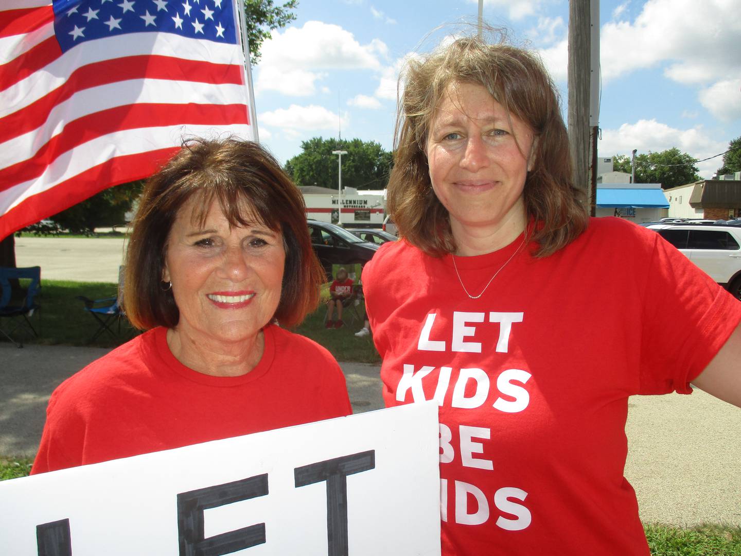 Molly Krempski of Yorkville, right, and Nancy Thompson of Newark were protesting against the drag show at the Pinz Entertainment Center in Yorkville on Aug. 21, 2022.