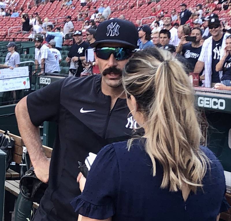 Former Cardinal Matt Carpenter, now with the Yankees, talks to a reporter prior to Saturday's game about his return to St. Louis.