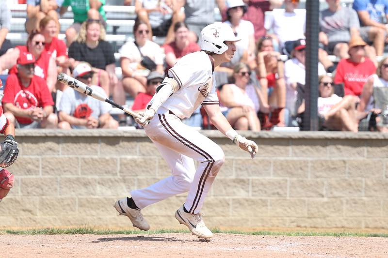 Joliet Catholic’s Jake Troyner connects for the game ending  2 RBI in the Hilltoppers 14-4 win over Spring Valley Hall in the Class 2A Geneseo Supersectional on Monday, May 29, 2023 in Geneseo.