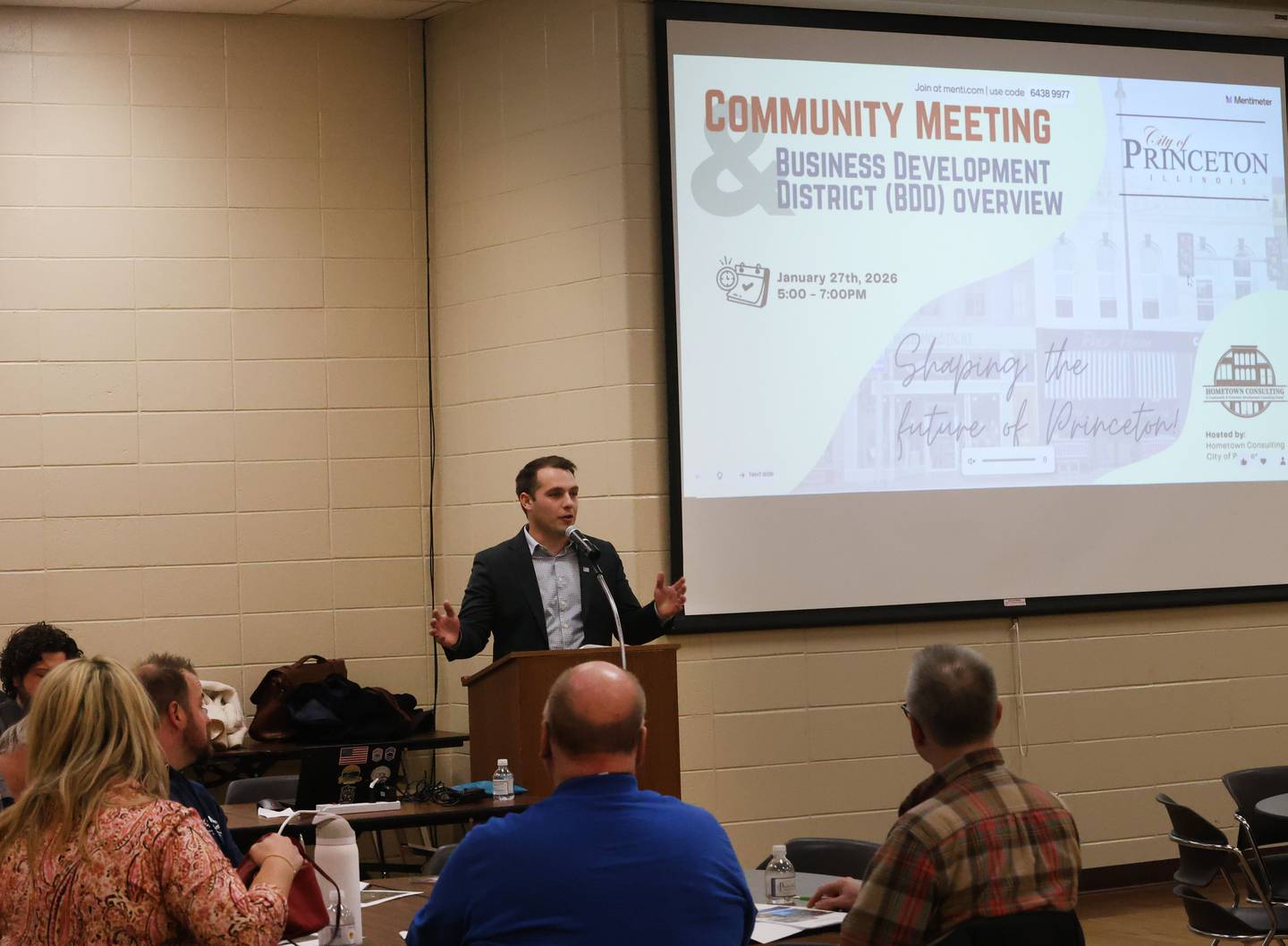 Cole McDaniel, president of Hometown Consulting in Peoria, gives a presentation during a Community Meeting of Business Development District on Tuesday, Jan. 27, 2026 at the Bureau County Metro Center in Princeton.