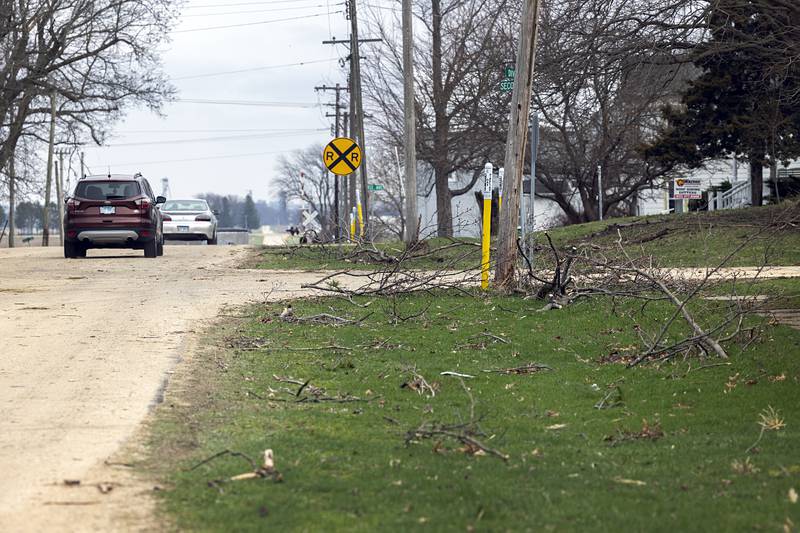 Tree limbs litter a roadside in Holcomb Friday, April 3, 2026. Thursday evening storms caused a swath of damage across the area.