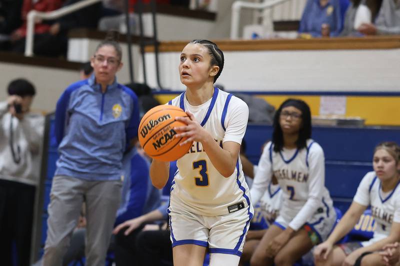 Joliet Central’s Nevaeh Wright lines up the three point shot against Joliet West on Thursday, Jan. 15, 2026 in Joliet.