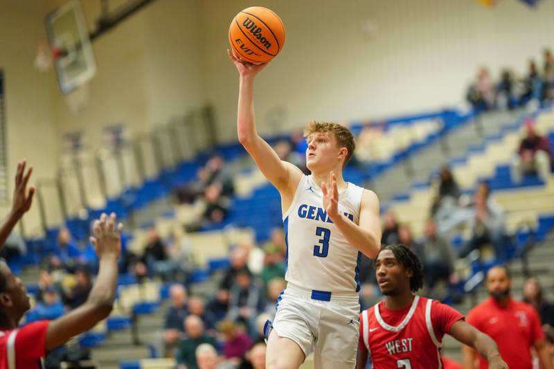 Geneva’s Elliot Kroeyr (3) shoots a floater along the baseline against West Aurora's Jaden Edwards (3) during a MLK Day of Hoops basketball game at Geneva High School on Monday, Jan. 20, 2025.