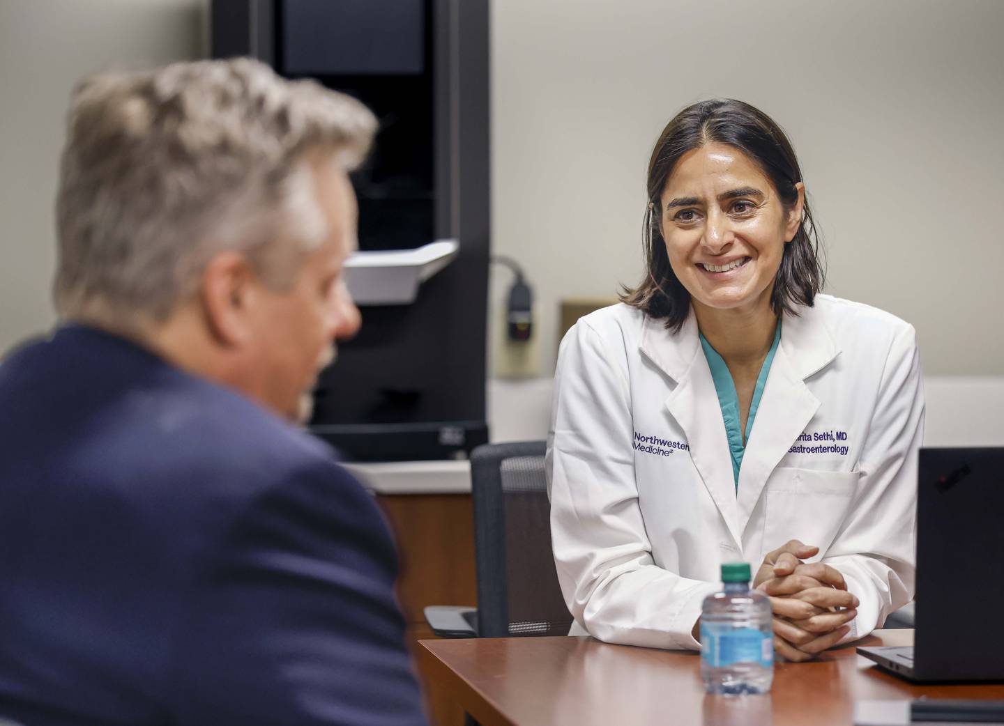 Dr. Amrita Sethi talks to Paul Davis of Wheaton about his procedure at the Center for Advanced Endoscopy at Northwestern Medicine Central DuPage Hospital in Winfield. The Center for Advanced Endoscopy will expand access to highly specialized digestive health services that handle chronic ve traditionally been available only at large academic medical centers. Supported by a $15 million investment, the center will offer some of the most advanced gastrointestinal (GI) procedures available in the United States.