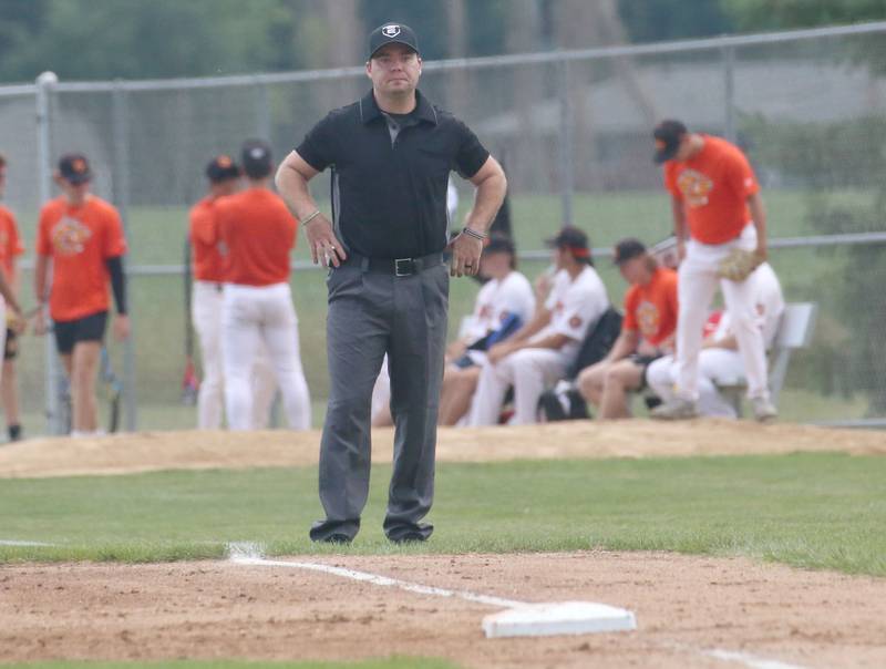 Garrett Cornman umpires the game between the Illinois Valley Pistol Shrimp and the Clinton LumberKings on Wednesday, July 10, 2024 at Schweickert Stadium in Peru.