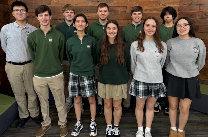 St. Bede Academy announced Thursday, Feb. 13, 2025, its top 10 students for 2025. They are Abraham Wiesbrock (front row, from left), Madalyn Dittmar, Tyler Jordan, Andrea Brandner, Victoria Mendez, Gordon Chen (back row, from left), Greyson Marincic, Haiden Ator, Phillip Gray and Frank Fan.
