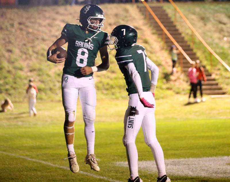 St. Bede's Gino Ferrari celebrates with teammate Drew Carboni after scoring a touchdown on Friday, Oct. 17, 2025 at St. Bede Academy.