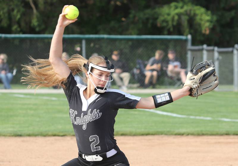 Kaneland's Grace Algrim fires a pitch during their Class 3A Regional game against Woodstock Tuesday, May 24, 2022, at Kaneland High School in Maple Park.