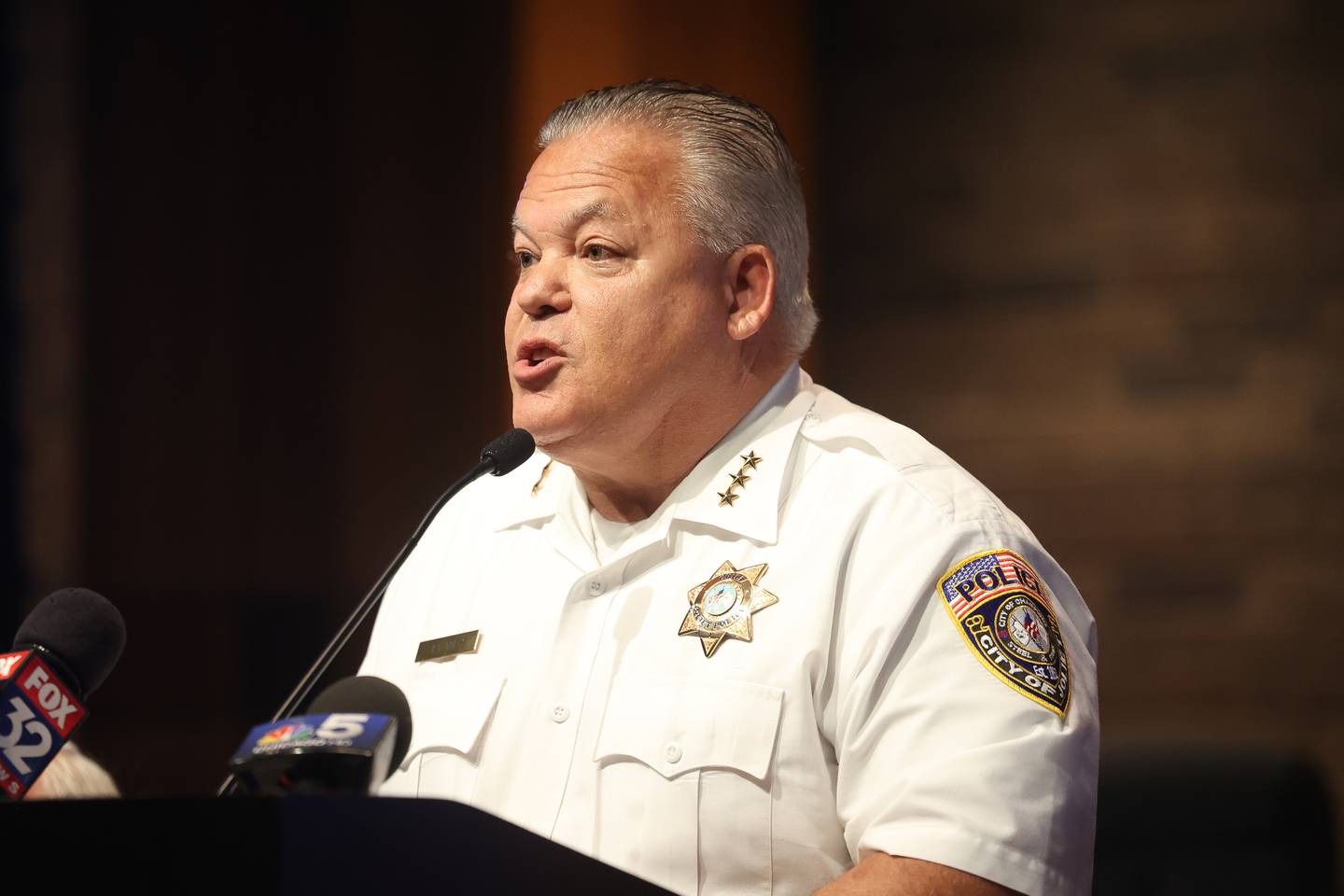 Joliet Police Chief Bill Evans speaks at a vaping press conference at Joliet City Hall on Tuesday, August 13, 2024. The conference addressed the city’s crack down on businesses selling vaping products to underage children, the school districts challenges identifying vaping devices in school and a new bill that makes it illegal in Illinois to buy vaping products online and shipped to anyone unless it’s for a licensed retailer or business.