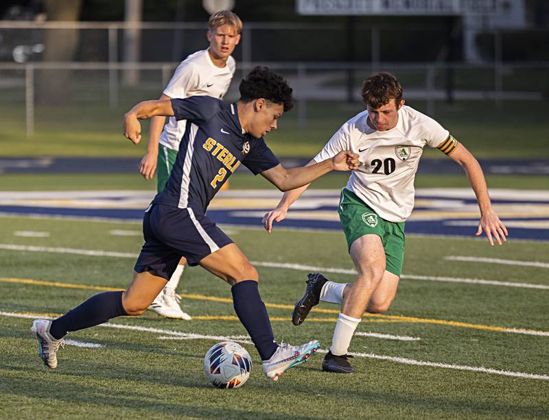 Sterling’s Ryan Gebhardt works against Alleman’s Ryan Schmitt Tuesday, Sept. 19, 2023 at Sterling High School.