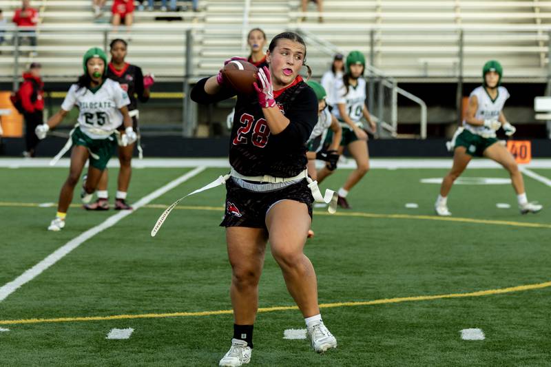 Yorkville's Kayla Kersting makes a catch that leads to a touchdown during the IHSA Danville Sectional varsity flag football game against Plainfield Central at Plainfield East on Oct. 13, 2025.