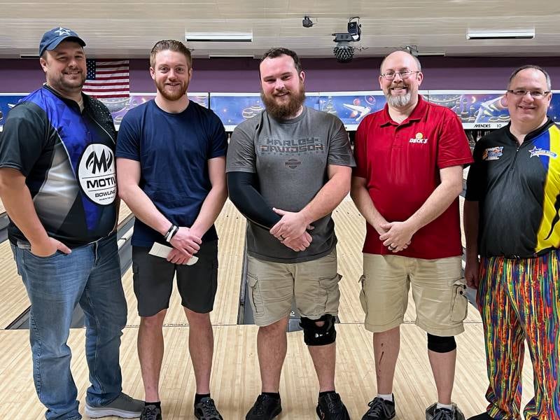A.J. Egan (center) won his second Princeton Masters championship. Other top 5 bowlers were Matt Gaspski (third), Michael Camp (second), Chris Eggers (fourth) and Joe Zokal (fifth).
