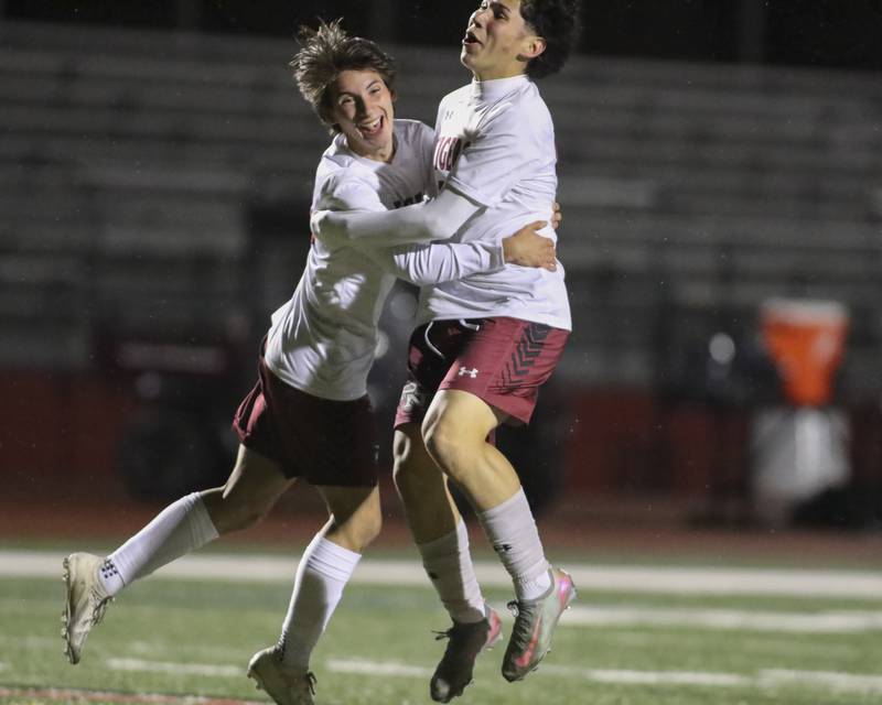 Plainfield North's Sebastian Gonzalez (L) celebrates his goal with Joel Martinez during Class 3A Naperville Central Regional semifinal soccer match between Plainfield North at Oswego, Tuesday Oct 21, 2025.