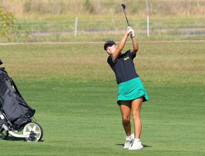 Seneca's Piper Stenzel hits toward the 8th hole during the Class 1A Regionals on Tuesday, Sept. 30, 2025 at Spring Creek Golf Course in Spring Valley.
