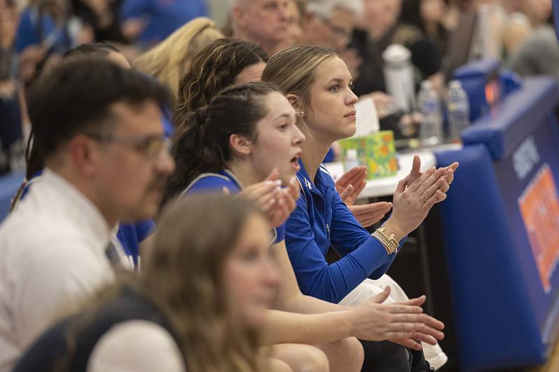 Newman’s Brooklyn Smith watches from the bench Thursday, Feb. 26, 2026, in the Class 1A sectional semifinal at Eastland. Smith was injured in a December game and had been out for the rest of the season.