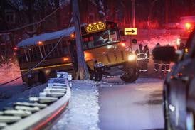 School bus crashes into ditch, downs live wires near McHenry