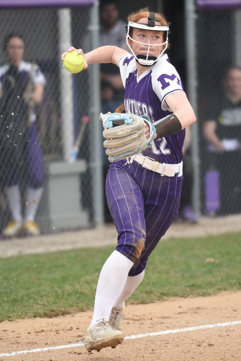 Manteno's Savanna Watkins throws to first during a home game against Pontiac Friday, April 3, 2026.