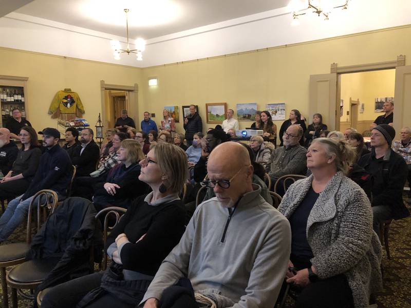The audience listens to a presentation about Artspace at the Woodstock Opera House Feb. 7, 2024.