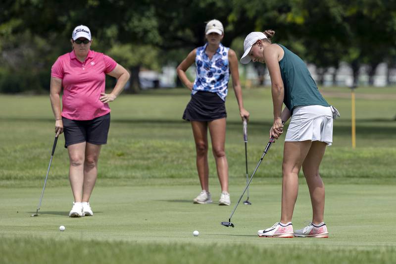 Katie Drew of Timber Creek putts on #5 Friday, July 11, 2025, during the 102nd annual Ladies Lincoln Highway golf tournament at Timber Creek Golf Club in Dixon.
