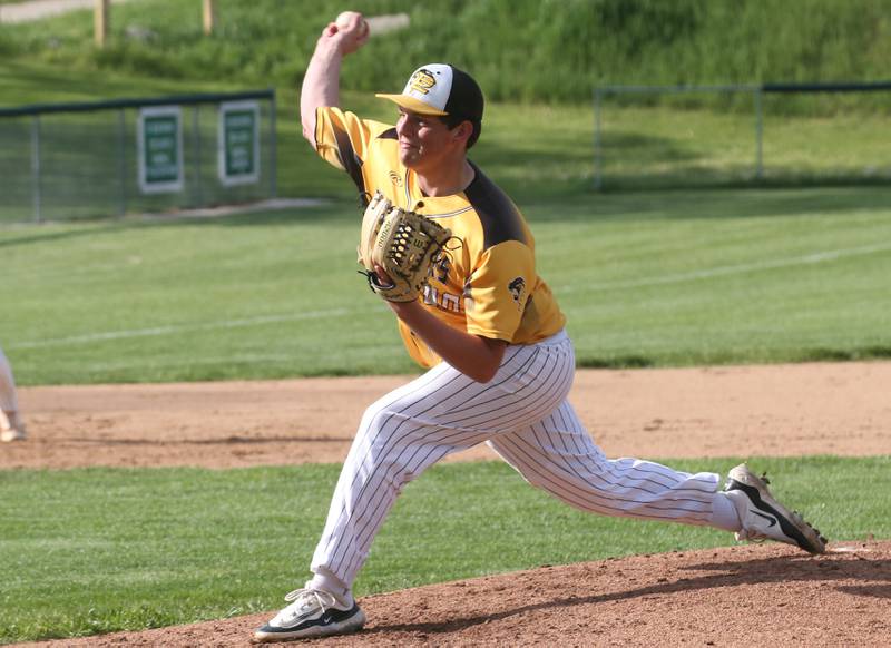 Putnam County relief pitcher Jaden Stoddard lets go of a pitch to St. Bede on Tuesday, April 30, 2024 at St. Bede Academy.