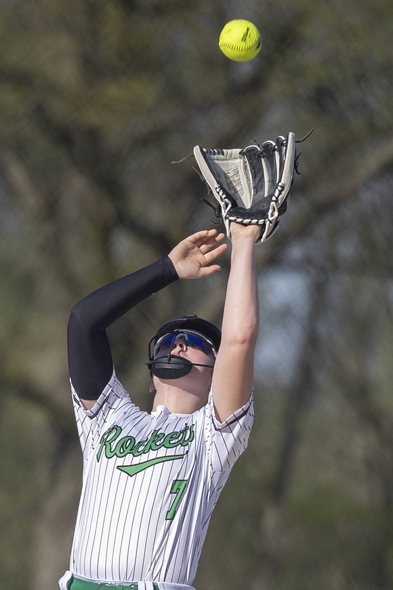Rock Falls’ Kendra Scott camps under a pop-up against Oregon Wednesday, April 22, 2026.