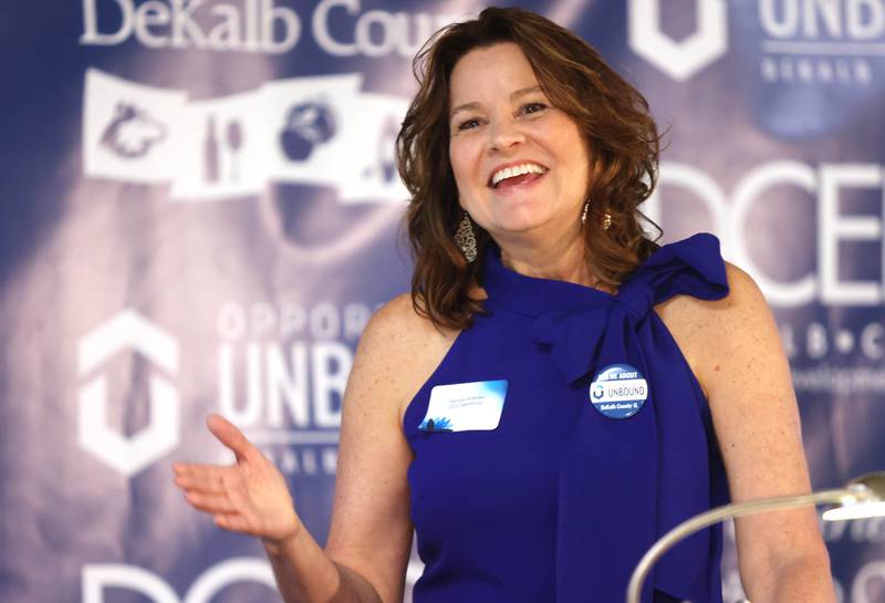 Melissa Amedeo, DCC Marketing, talks about the Opportunity Unbound program Thursday, April 28, 2022, during the annual DeKalb County Economic Development Corporation dinner and state of the county event at Faranda's Banquet Center in DeKalb.