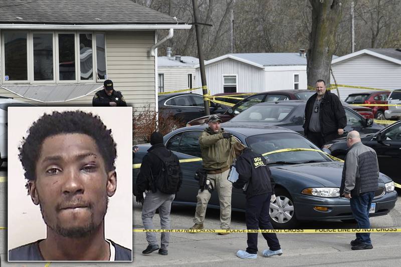 Investigators confer during an investigation outside the Somers House Tavern, in Kenosha, Wis., Sunday morning, April 18, 2021. Authorities say several people were killed and a few were seriously wounded in a shooting early Sunday at the tavern in Kenosha County in southeastern Wisconsin.  (Deneen Smith/The Kenosha News via AP)  Inlay: This Monday, April 19, 2021, booking photo provided by the Kenosha County Sheriff's Department shows Rakayo Alandis Vinson. Authorities say Vinson was apprehended in connection with a shooting at a busy tavern in southeastern Wisconsin early Sunday, April 18, that left multiple men dead and others injured.