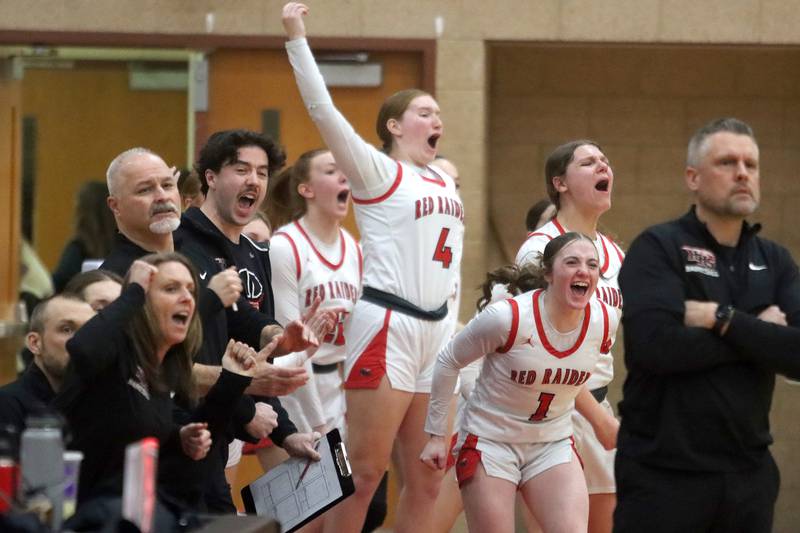 Huntley’s Red Raiders get revved up early against Lake Zurich in IHSA Class 4A Sectional girls basketball action on Tuesday, Feb. 25, 2025, at Huntley High School in Huntley.