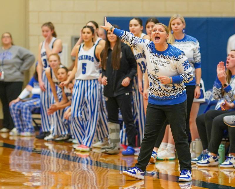 Geneva’s head coach Sarah Meadows during a basketball game against Batavia at Geneva High School on Friday, Dec 15, 2023.