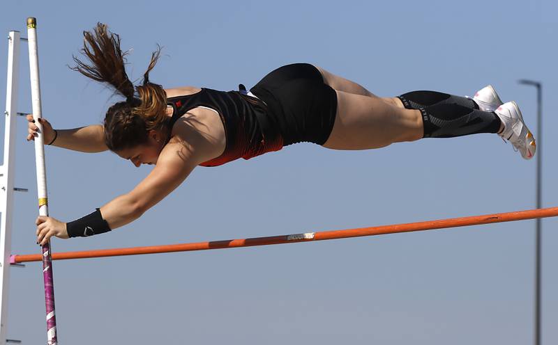 Crystal Lake Central ’s Abbey Zaletel pole vaults Friday, May 10, 2023, during the IHSA Class 3A Huntley Girls Track and Field Sectional at Huntley High School.