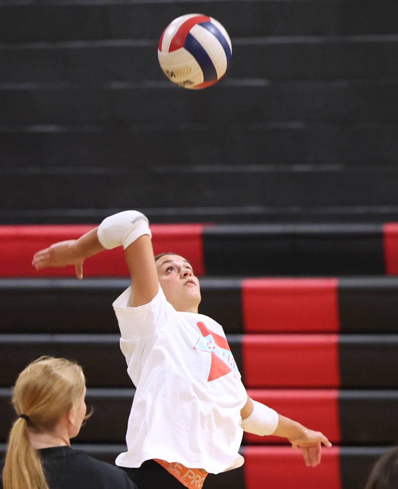 Indian Creek’s Izzy Turner goes up for a spike during practice Tuesday, Aug. 13, 2024, at the school in Shabbona.