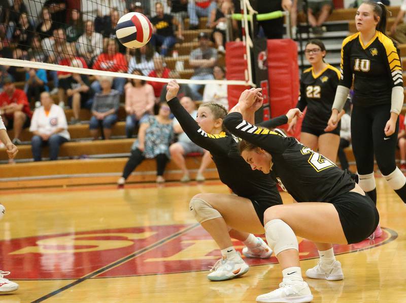 Putnam County's Chloe Parcher and teammate Kennedy Holocker miss a rebound against Henry-Senachwine on Thursday, Aug. 28, 2025 at Henry-Senachwine High School.