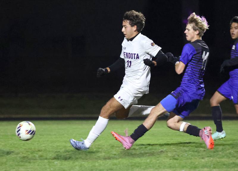 Mendota's Cesar Casas pushes the ball ahead of Harvest-Westminster's Elijah Schultze Friday, Oct. 31, 2025, during the Class 1A Indian Creek Sectional championship game Friday in Waterman.