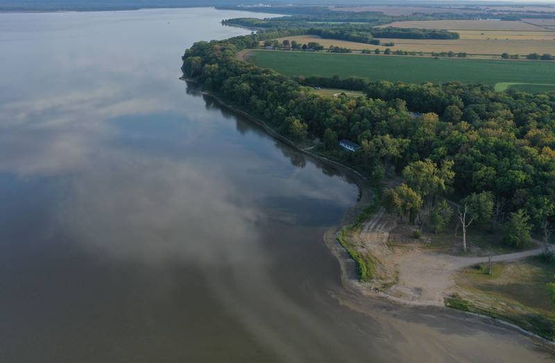 An aerial view of the Putnam County Conservation Area along the shore of Lake Senachwine on Saturday, Sept. 13, 2025 as water records dip to nearly record-low near Putnam.