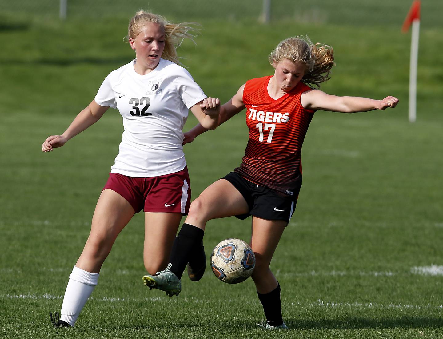 Crystal Lake Central's Olivia Anderson, right, controls the ball in front of Prairie Ridge's Breanna Pollack during a Fox Valley Conference soccer match Tuesday, May 10, 2022, between Crystal Lake Central and Prairie Ridge at Crystal Lake Central High School.