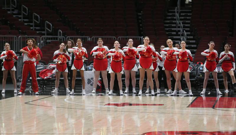 Streator cheerleaders stand for the National Anthem during a game on Tuesday, Dec. 21, 2023 at the United Center in Chicago.