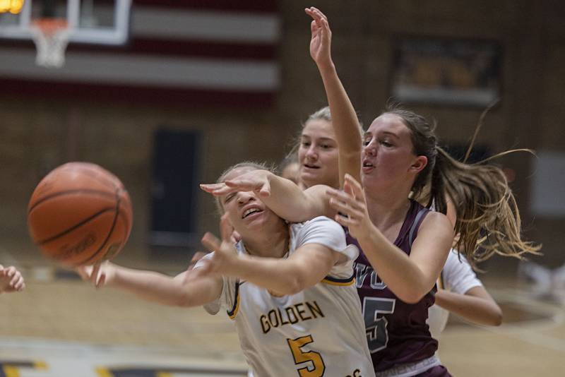 Sterling’s Kirra Gibson gets fouled going to the hoop Monday, Nov. 14, 2022 against IVC.