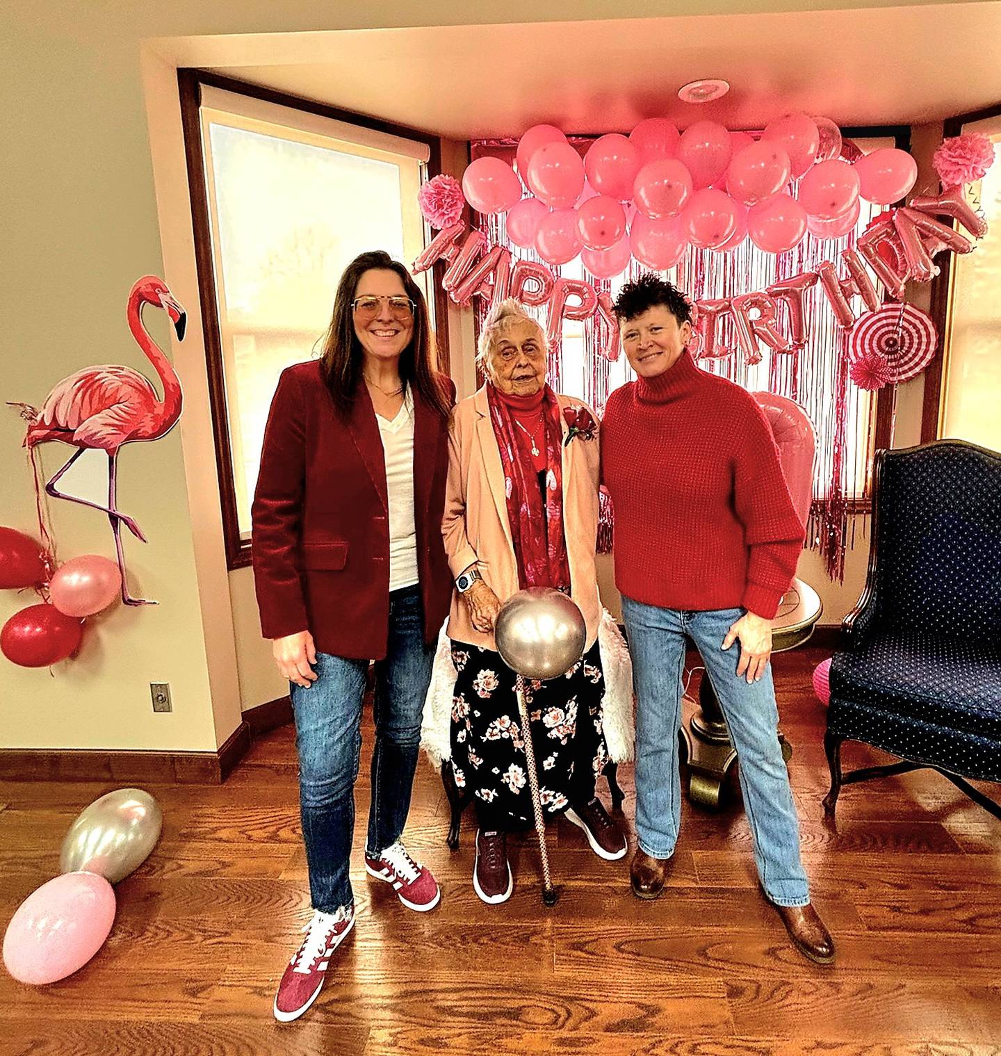 Amy Phillips (from left) celebrates the milestone birthday of Jo Dergo, joined by Julie Bruner.