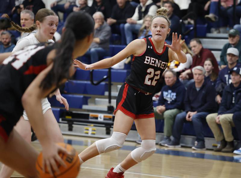 Benet's Bridget Rifenburg (22) calls for the ball from a teammate during a girls varsity basketball game between Benet and Nazareth academies on Saturday, Dec. 14, 2024 in La Grange Park.