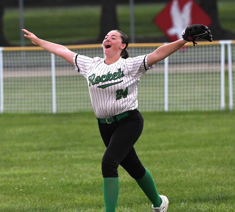 Rock Falls' Abbie Baldwin celebrates after making a catch in right field for an out against Winnebago during the 2A Oregon Regional semifinal on Wednesday, May 20, 2026 at Oregon Park West.
