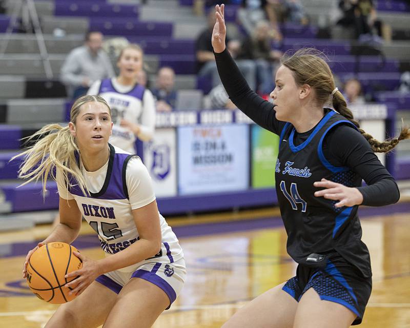 Dixon’s Morgan Hargrave looks to make a play against St. Francis’ Hannah Grivetti Saturday, Jan. 10, 2026.