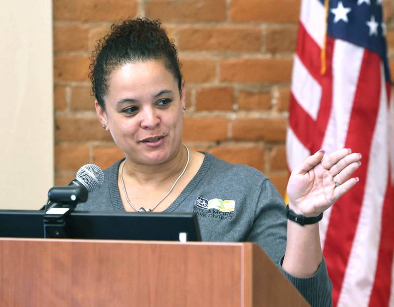 Jonelle Bailey, executive director of the Sycamore Park District, makes her presentation Wednesday, May 1, 2024, at the Sycamore Chamber of Commerce State of the Community Address in the DeKalb County Community Foundation Freight Room.